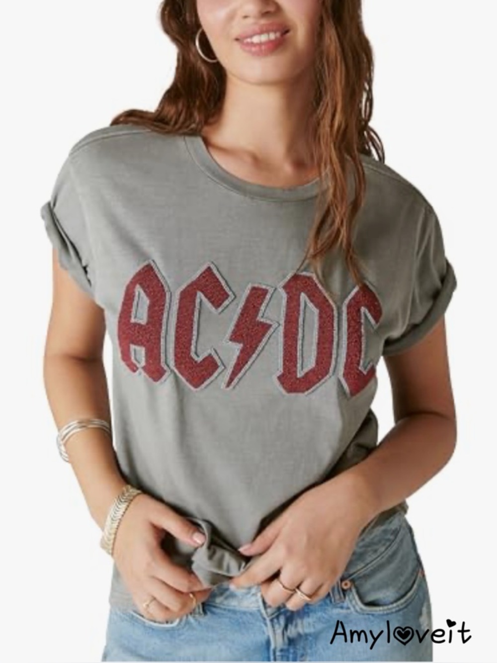 Lucky Brand AC/DC Beaded Boyfriend Band Tee Shirt #24